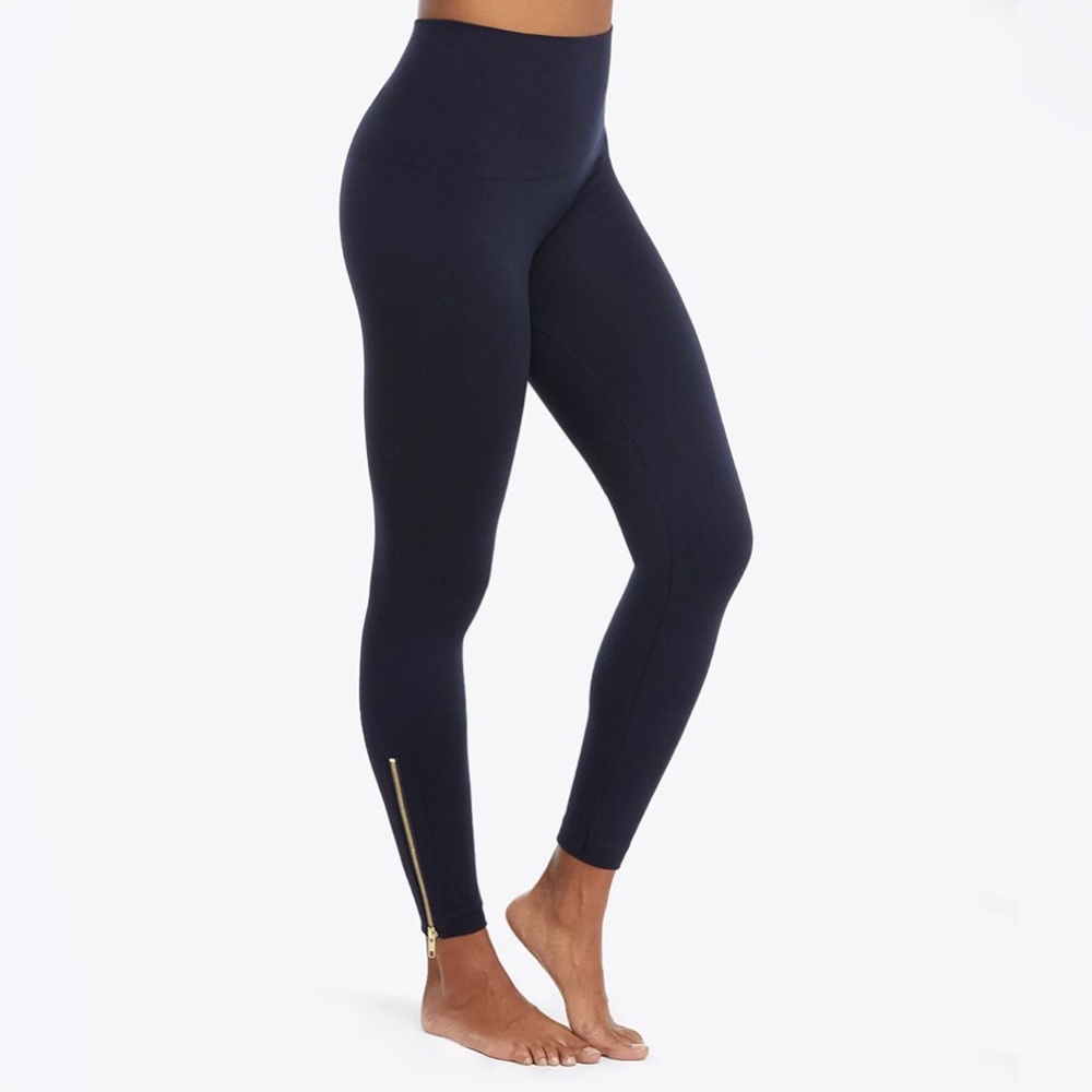 SPANX Black Leggings with Gold Ankle Zipper